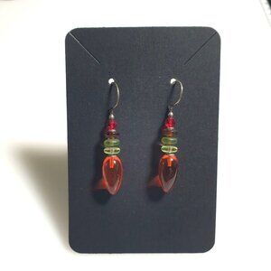 Glass Bead Drop Earrings Hook Red Green Orange Handmade Multicolor Lightweight